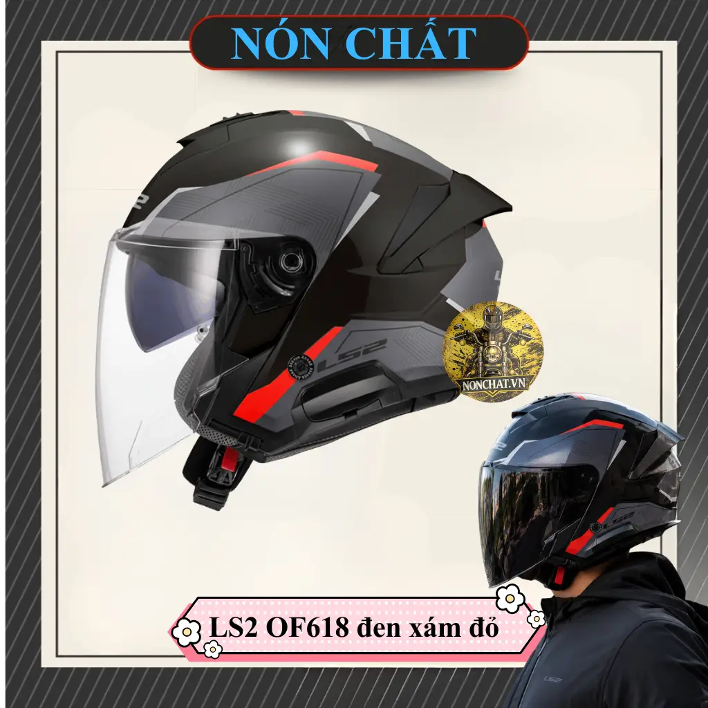 Nón 3/4 2 kính LS2 OF618 đen xám đỏ